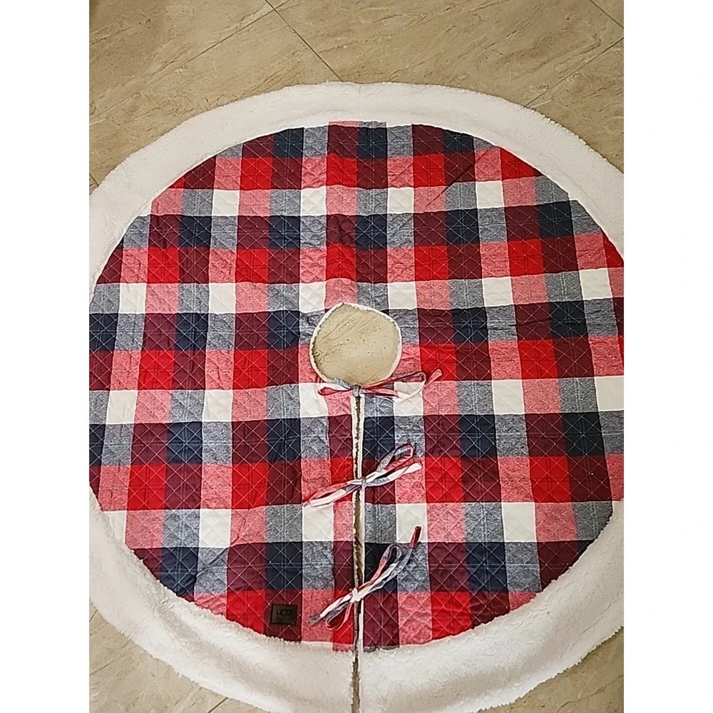 UGG Camper Plaid Tree Skirt Red/Grey Checkered Quilted Cotton & Sherpa Christmas